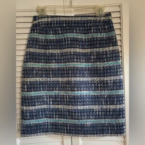 TORY BURCH tweed pencil skirt SIZE 6 mini length blue/ivory textured stripes